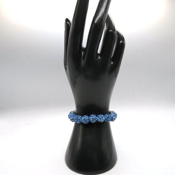 Beaded Bracelet Blue Rhinestone Encrusted Black Beads Adjustable Slide - Picture 2 of 7